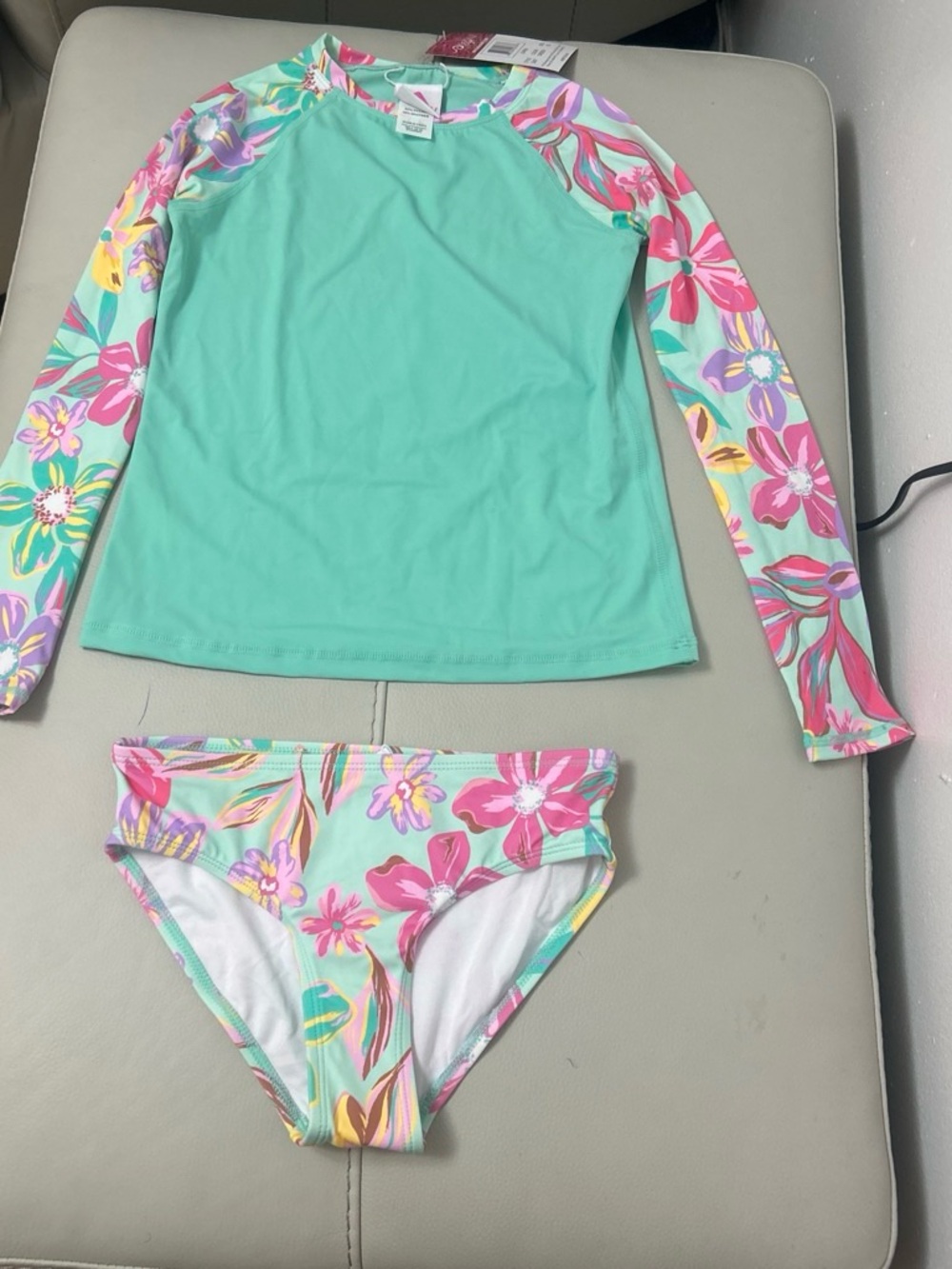 Kanu Surf Mint Floral Long Sleeve Girls Rashguard Swim Set